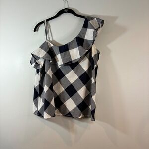 Beach Lunch Lounge Womens XL One Shoulder Ruffle‎ Plaid Casual Preppy Chic